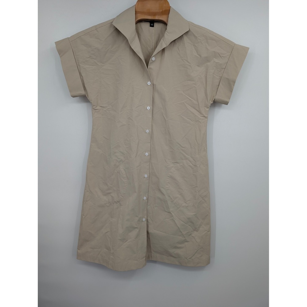 Karl Rieman Women XS Beige Shirt Dress Button Front Short Sleeve Pockets‎ Cotton
